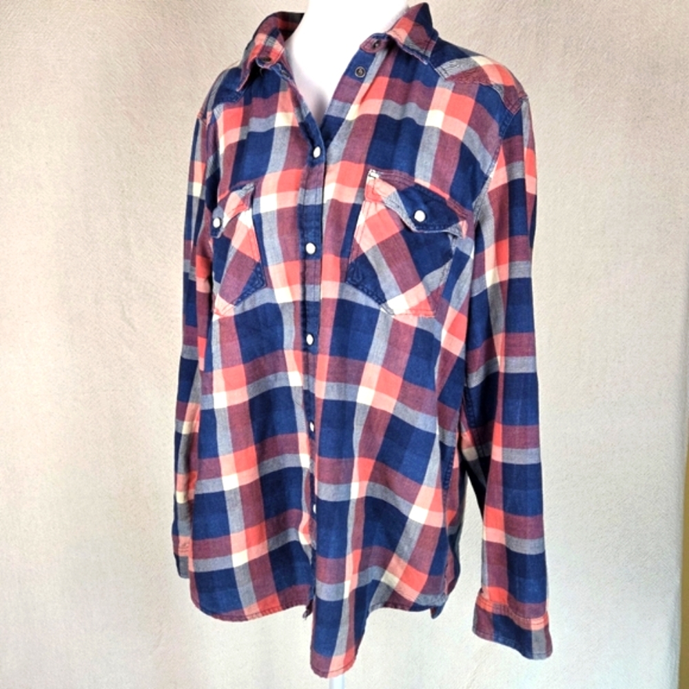 American Eagle Women's XL Cotton Plaid Boyfriend Fit Pearl Button Outdoorsy Top